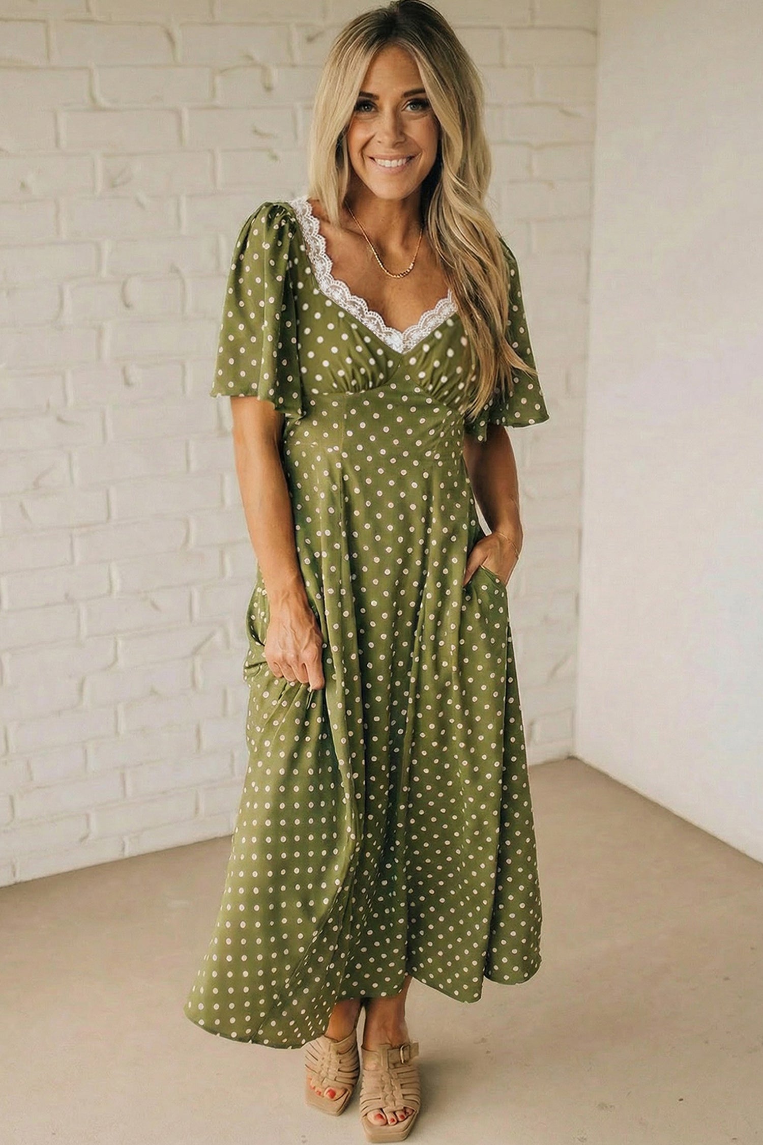 Green Polka Dot Print Lacy Neckline Smocked High Waist Maxi Dress 113684405d032662