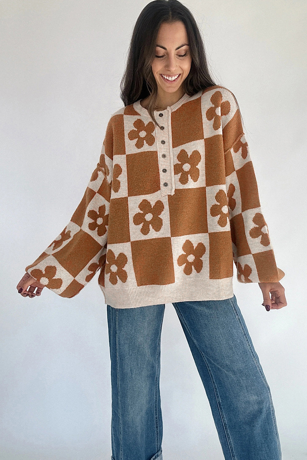 Red Dahlia Flower Colorblock Checkered Henley Sweater 11372e7dd8e56147