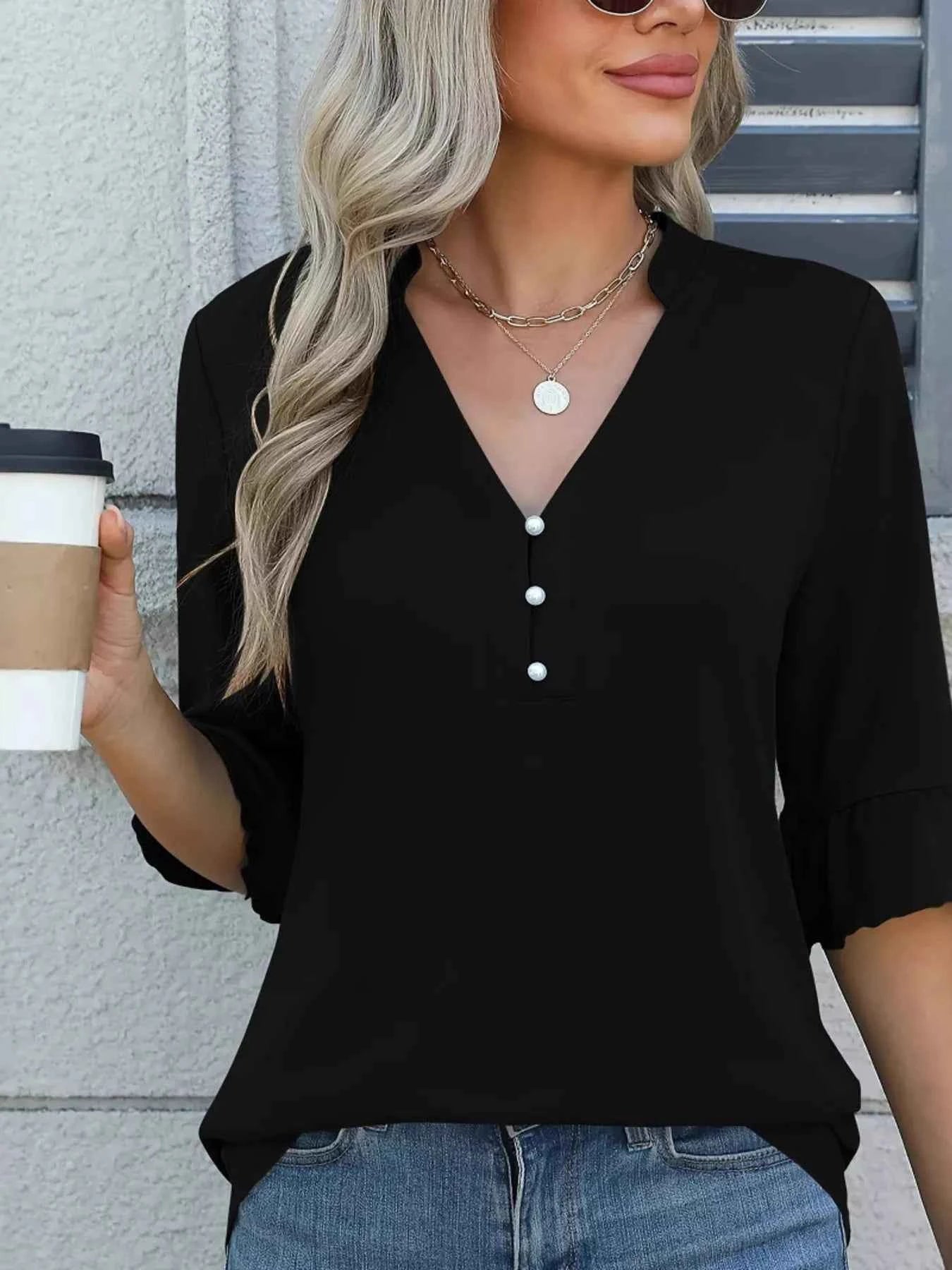 Full Size Notched Flounce Sleeve Blouse Plus Size Black 114e93833b374db799c5f5a558f6dcce-Max-Origin
