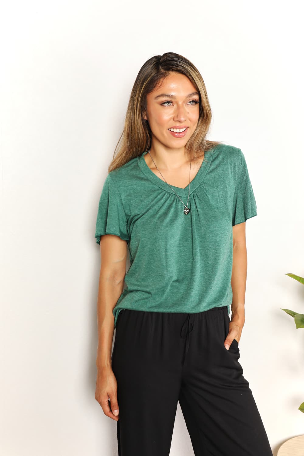 Double Take Ruched V-Neck Short Sleeve T-Shirt 114fb5bf25d24effacbb8aa1630f80b4-Max
