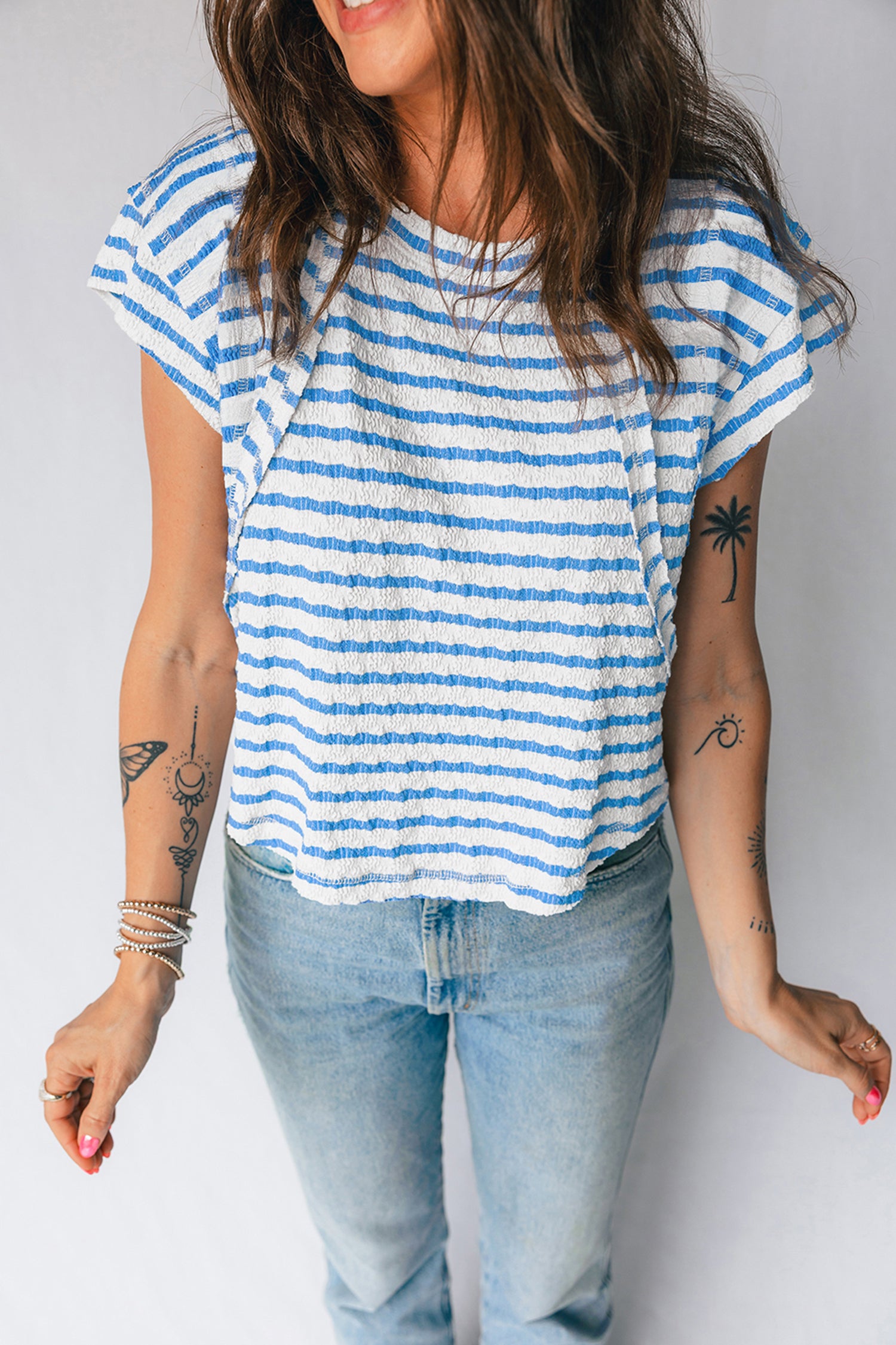 Blue Stripe Textured Short Sleeve Patchwork T Shirt 1150d591b1488c3a
