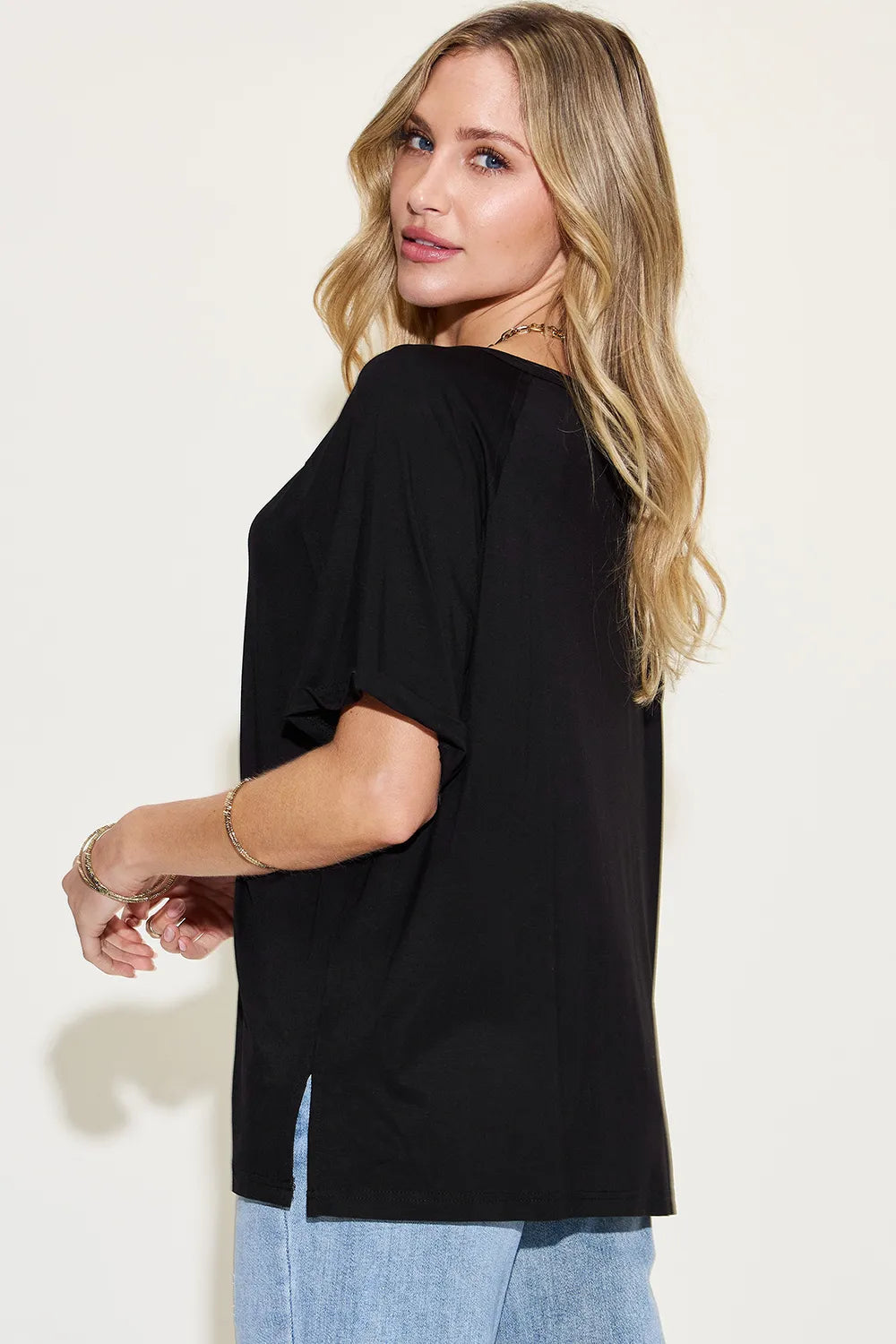 Basic Bae Full Size Bamboo Slit V-Neck Short Sleeve T-Shirt 1152a370-372c-4fe5-8652-b7bbb063cff6-Max