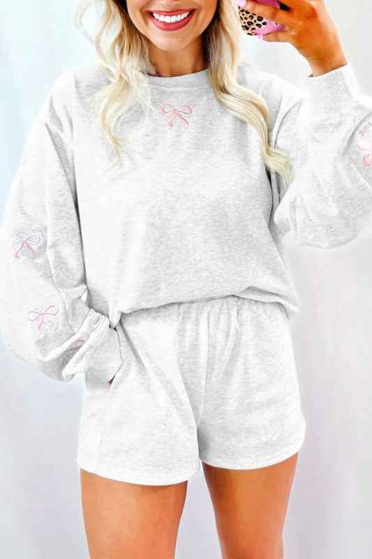 Bow Embroidered Pullover and Shorts Set 1153427c-4051-45ac-a5ce-82374dccb91a