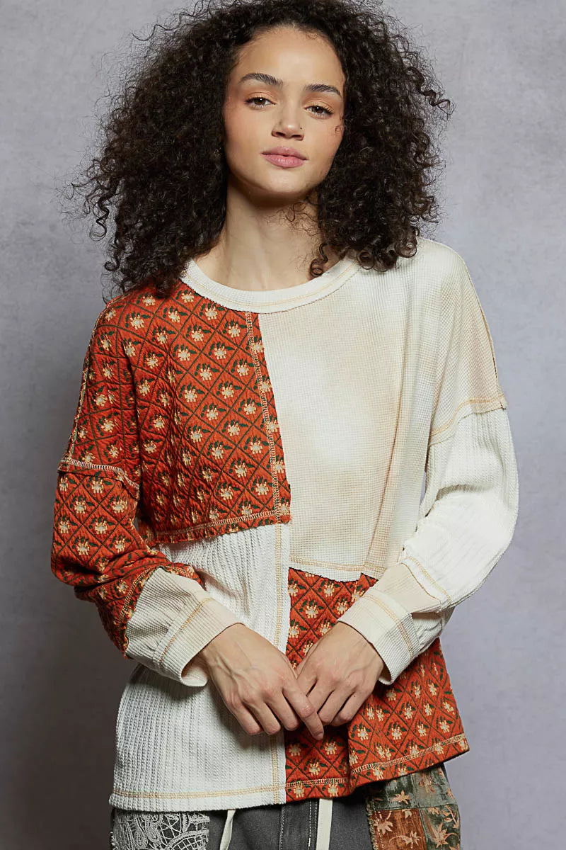 POL Contrast Patchwork Round Neck Long Sleeve Top CREAM MUTLI 11555b9d-8eb2-4d71-b63c-b37eecf0bec6-Max-Origin