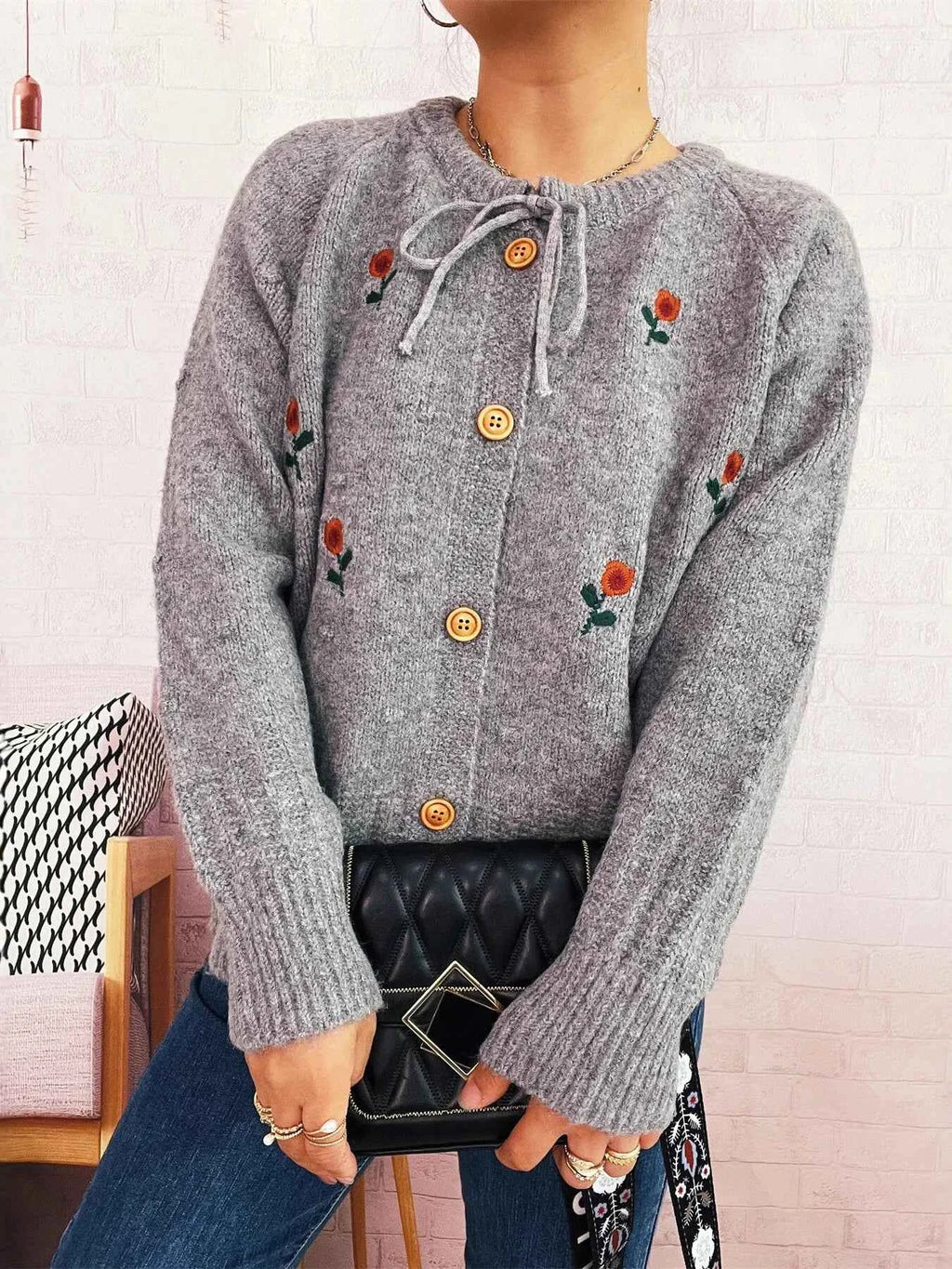 Rose Embroidered Button-Up Cardigan 1159f1114b324714aeb7a8dbc3107098-Max-Origin