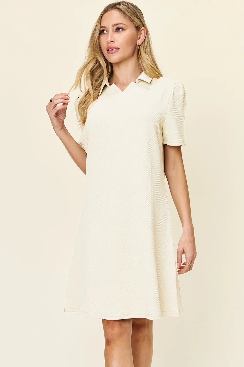 Double Take Full Size Texture Collared Neck Short Sleeve Dress Cream 115c4c5a-65c5-4605-9bc0-7759b5d4dfa4-Max
