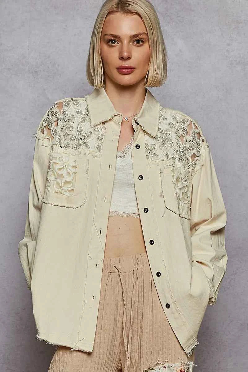 POL Button Down Raw Edg Shirt with Pearl Lace Patch 115d8810-4a92-48b2-b6bf-dd2864a50645-Max-Origin