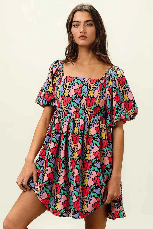 Floral Print Puff Square Neck Dress BLACK MULTI 115f449324e2474fb8525ef2d3bad97f-Max-Origin