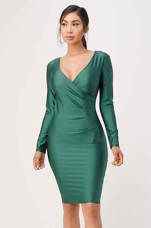 long sleeve shiny tricot overlap midi dress 11645367_29595d8c-dc18-4d99-91e4-6fc602ade8b2