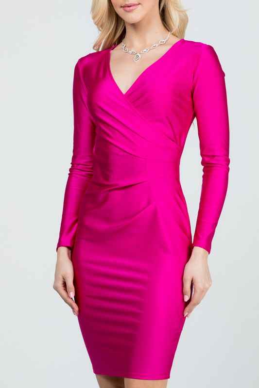 long sleeve shiny tricot overlap midi dress Fuschia 11645367_6b516154-20b8-4bc5-a4ee-d9b9c98099b7