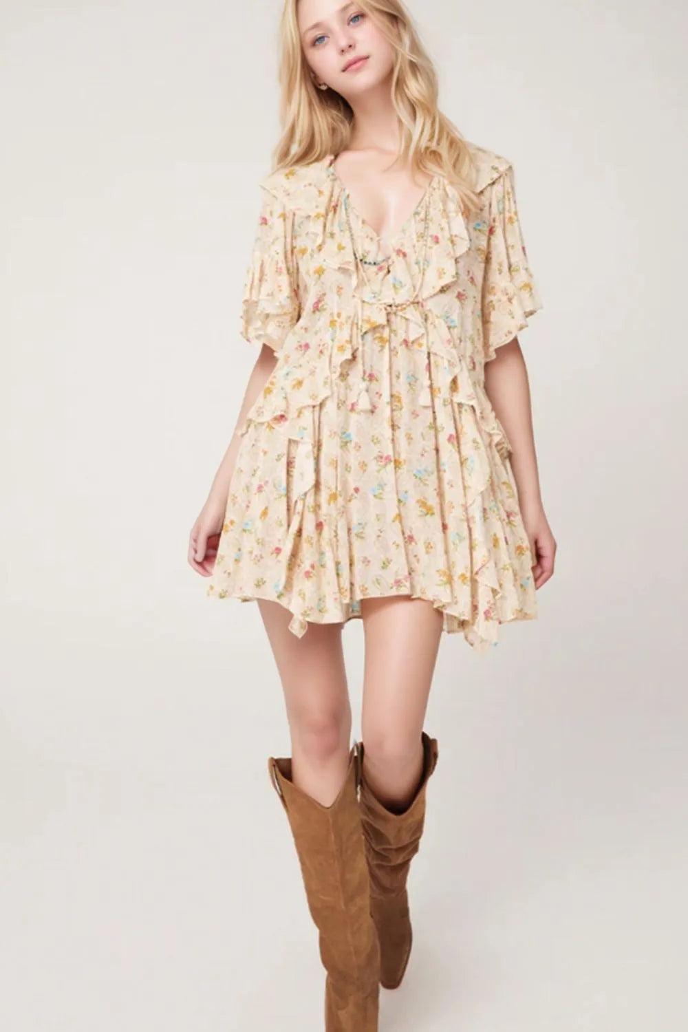 Boho Floral Tassel Tie V Neck Ruffle Wide Sleeve Mini Dress 116a2d64-084a-46f3-a820-32b70e554f3b-Max-Origin