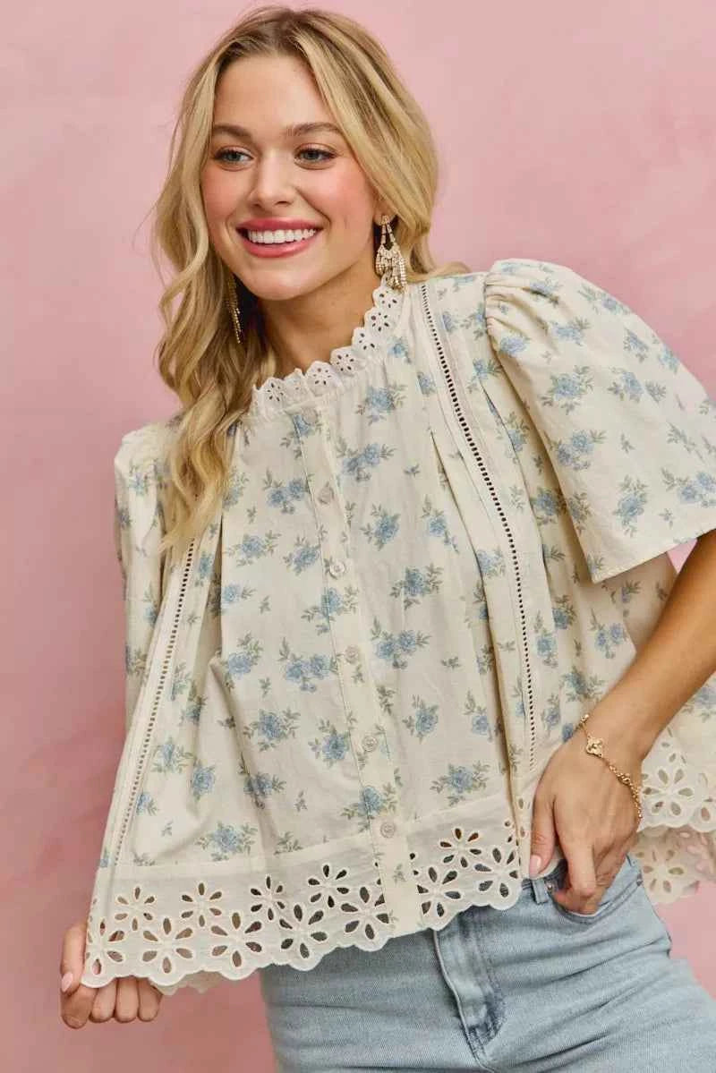 SO ME Floral Print Lace Trim Flutter Sleeves Blouse 116edb26-c55d-4533-95f0-aebf624829a4-Max-Origin