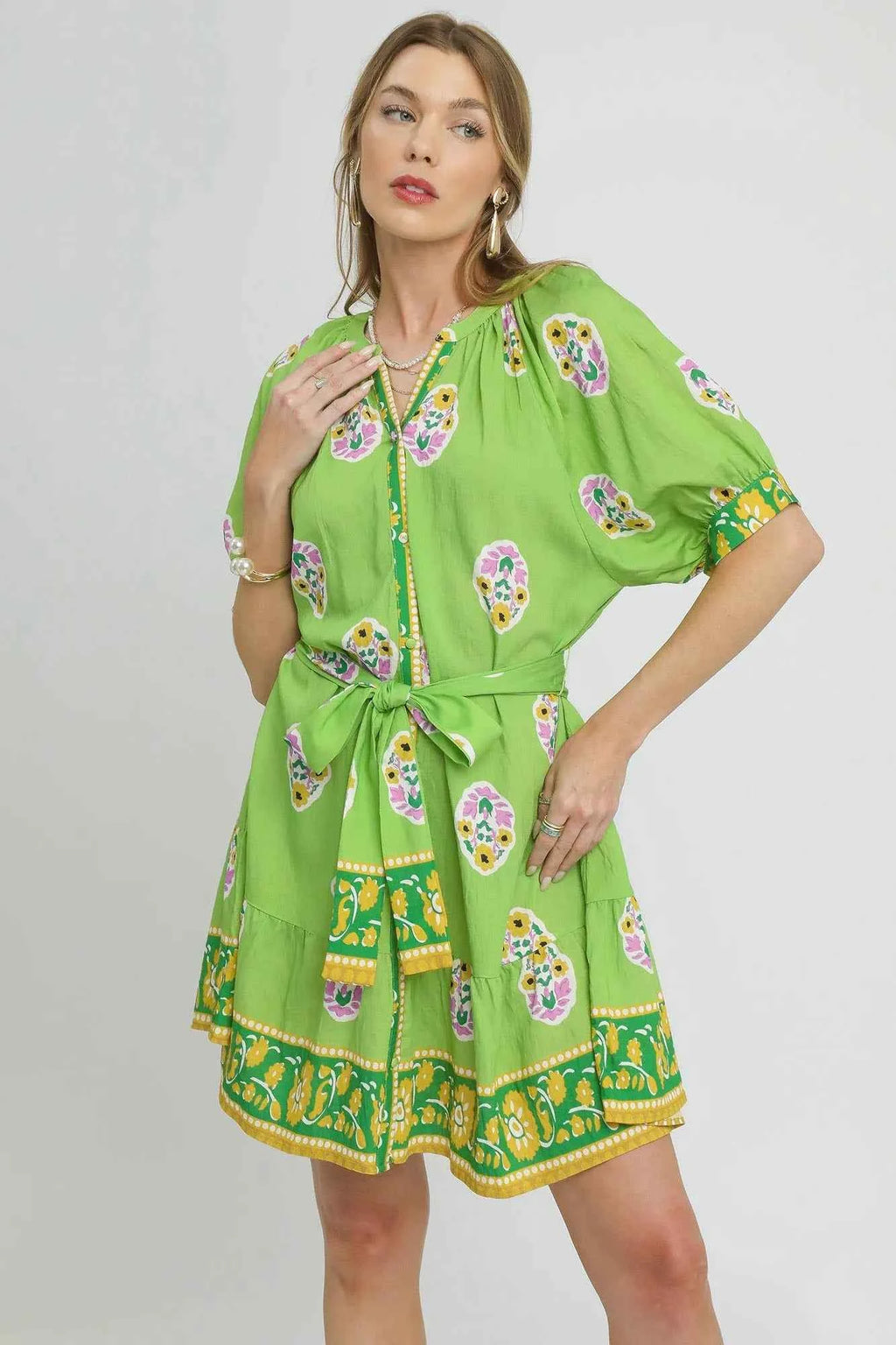 Umgee Floral Print Tie Waist Short Sleeve Dress Neon Green 117236eb-2279-45c5-8e44-667aee19fbdf-Max-Origin