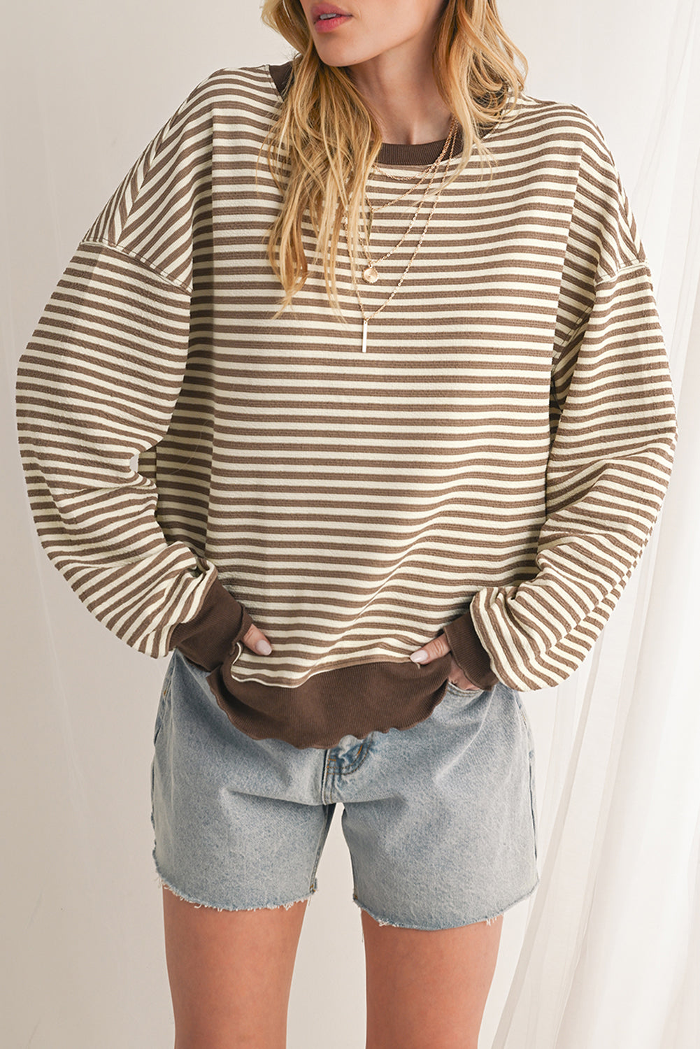 Brown Stripe Drop Shoulder Long Sleeve Top 1172dce243ed6129