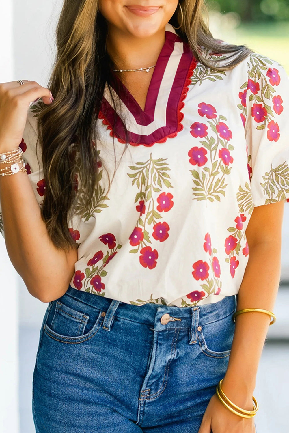 Black Floral Short Bubble Sleeve Contrast Slit Neckline Blouse White 100%Cotton 11742575df20c392