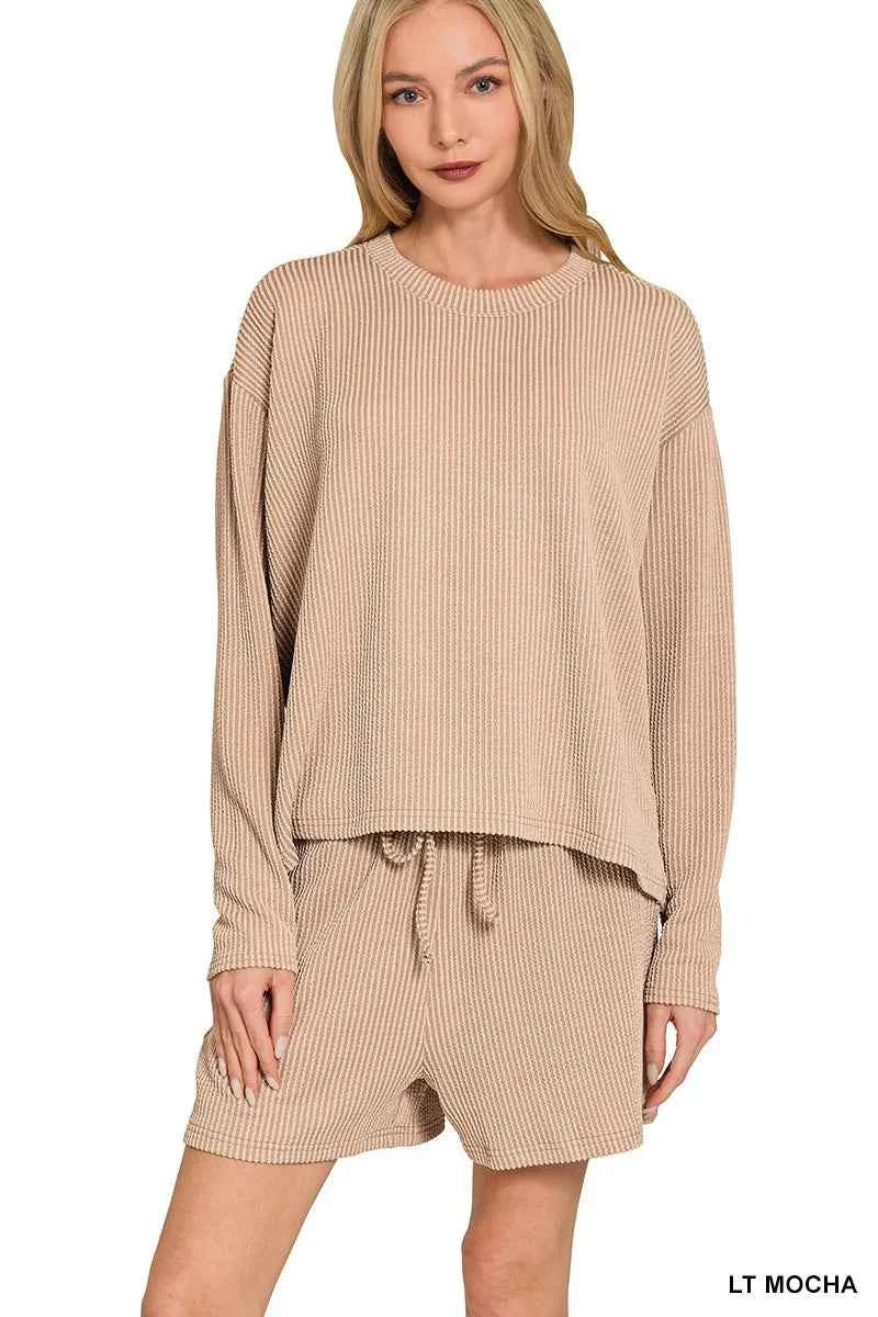 Zenana Corded Rib Long Sleeve Tee and Shorts Set LT MOCHA 1175c098bbd04df091c4e05991ea9dbe-Max-Origin