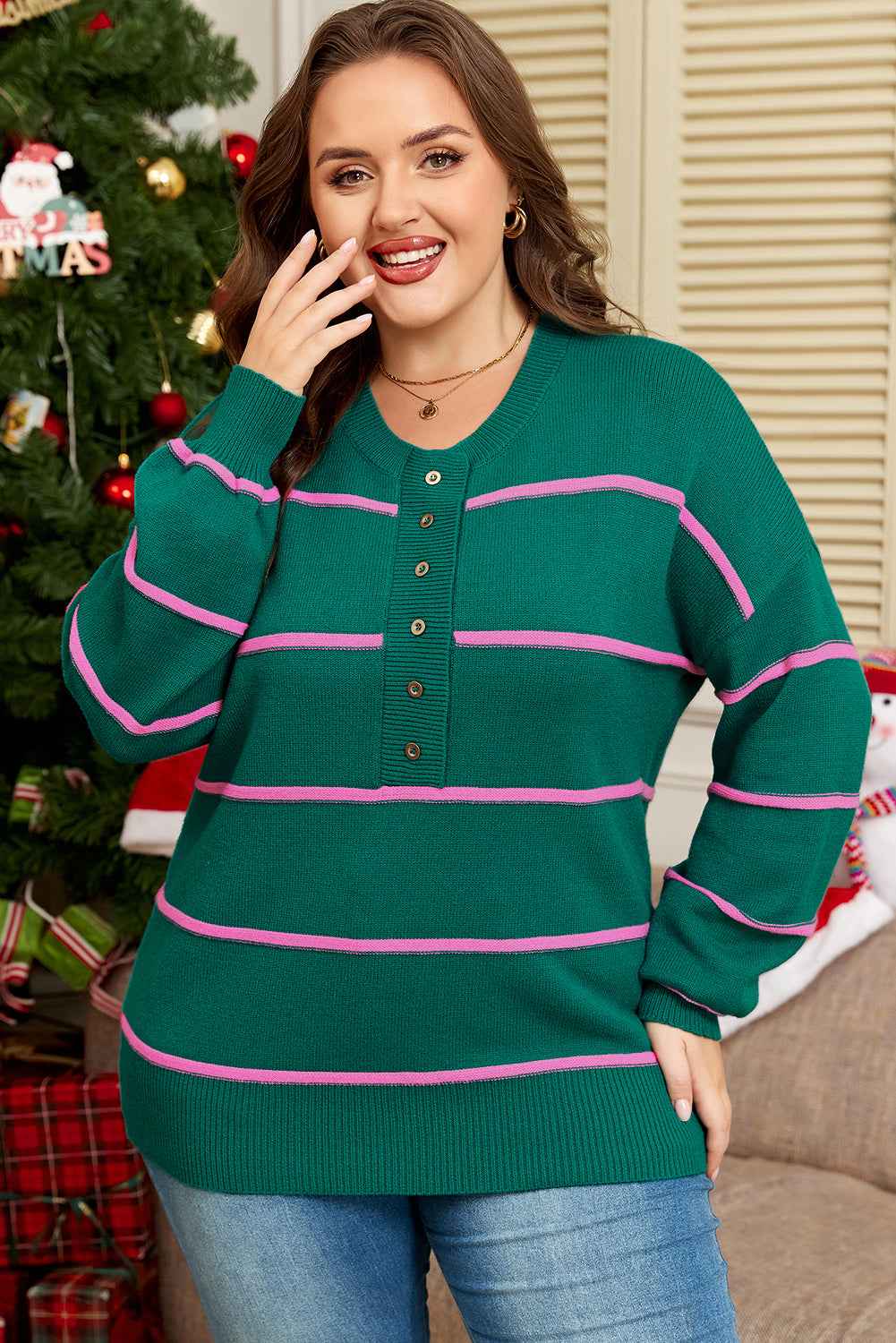 Green Stripe Half Buttons Drop Shoulder Plus Size Sweater 1176d41c0db51e18