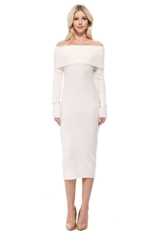 Off Shoulder Long Sleeve Slim Fit Midi Knit Dress Ivory 11825819_02ee6f77-bc86-478b-85f6-a95ae1f60959