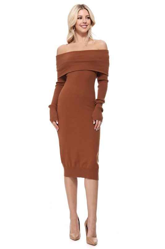 Off Shoulder Long Sleeve Slim Fit Midi Knit Dress Camel 11825819_581018c6-2c36-4758-84a2-06245a12d608