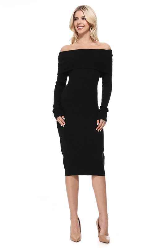Off Shoulder Long Sleeve Slim Fit Midi Knit Dress Black 11825819_991155de-194b-4c76-bb4e-fc08cc9b5409