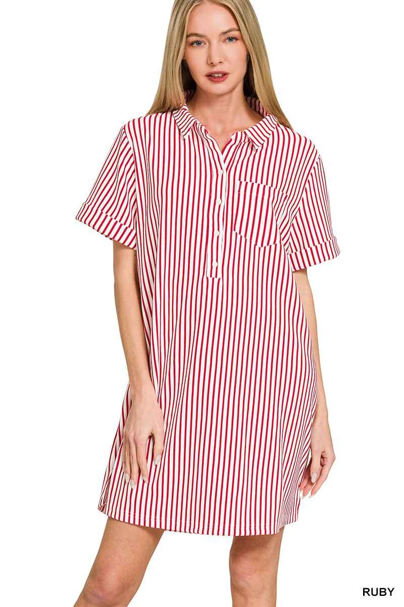 Zenana Stripe Collared Half Button Up T-Shirts Dress RUBY 118ebd405a4c4ebb8b2d09d624a46474-Max