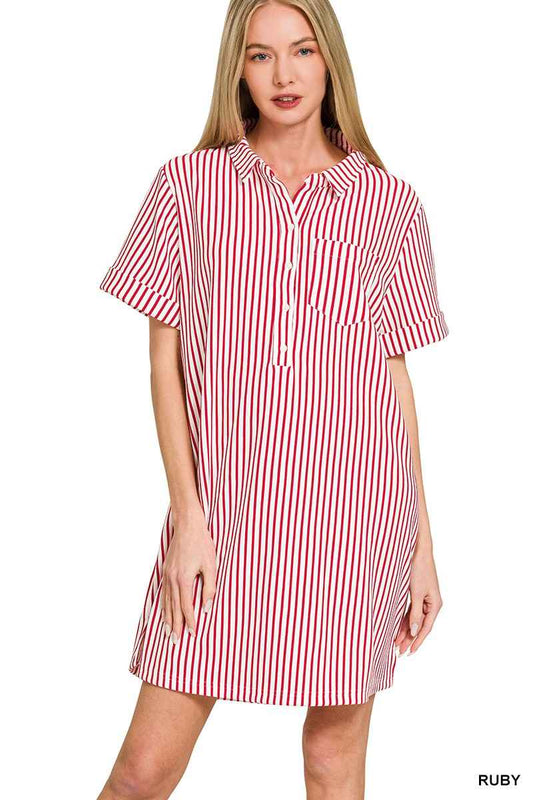 Zenana Stripe Collared Half Button Up T-Shirts Dress RUBY 118ebd405a4c4ebb8b2d09d624a46474-Max