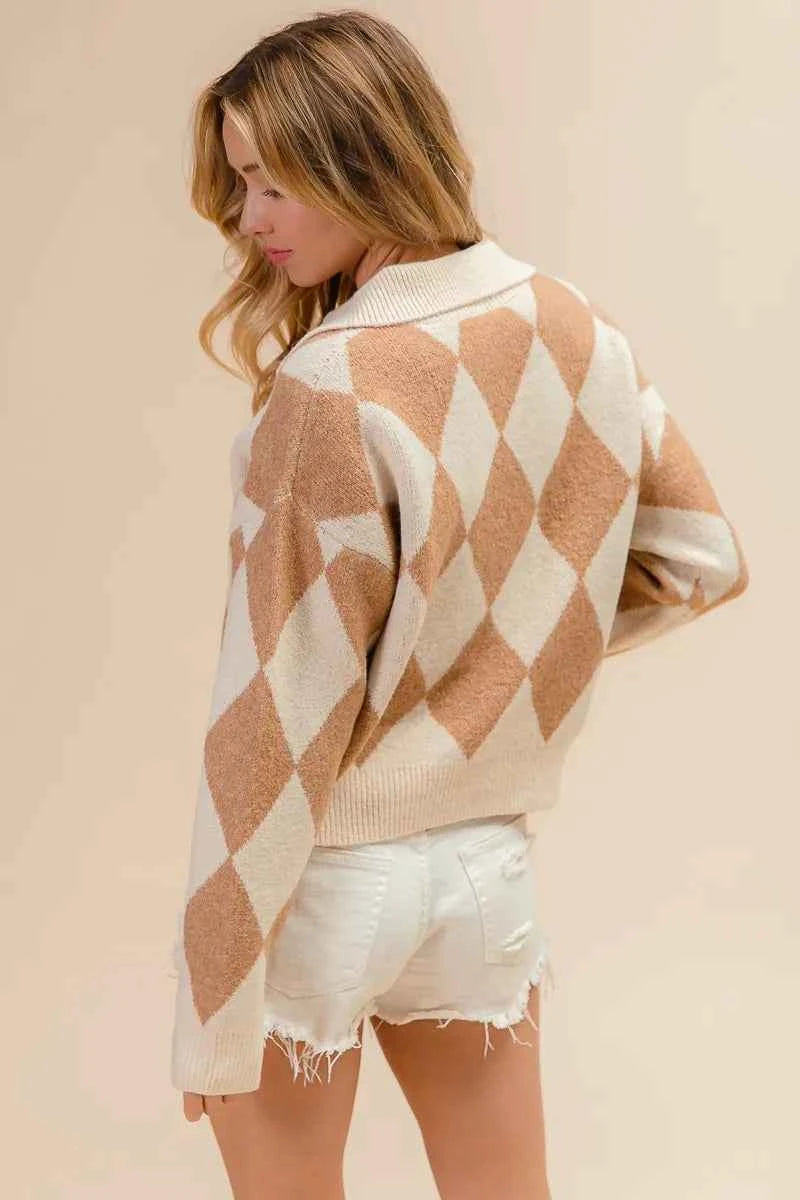 BiBi Diamond Pattern Collared Notch Neck Sweater 118f1c9e61c6444e925aaf18e26e44f2-Max-Origin