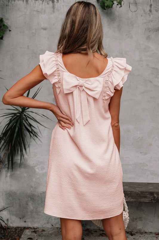 Abigail Textured Flutter Sleeve Bow Back Mini Dres Light Pink 1190ad82-5458-4e27-b2c9-e42e6af50d0d