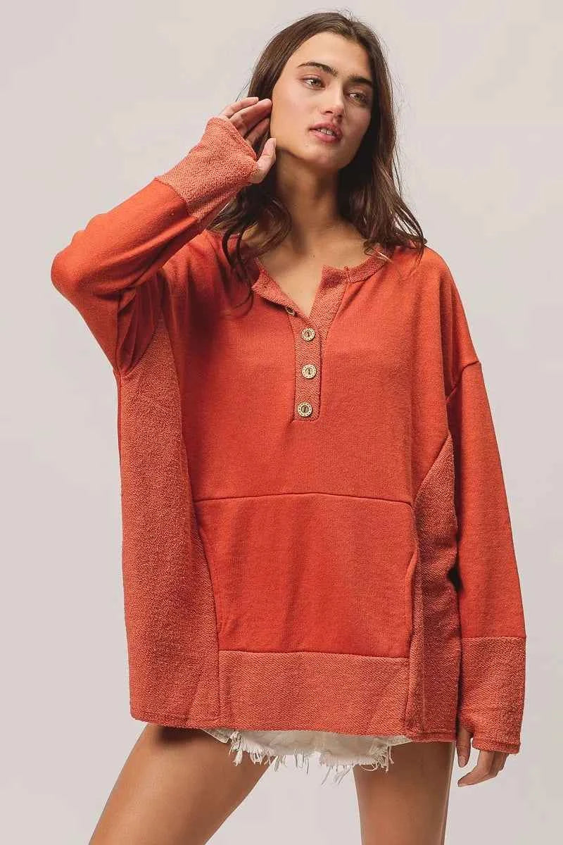 French Terry Knit Side Block Buttoned Henley Top 1192398cb4294913989a34e4ae754bd9-Max-Origin