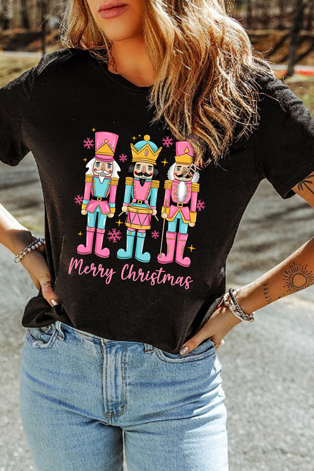 Black Merry Christmas Nutcracker Heat Transfer Printing T Shirt Black 62%Polyester+32%Cotton+6%Elastane 1193aff86668b72d