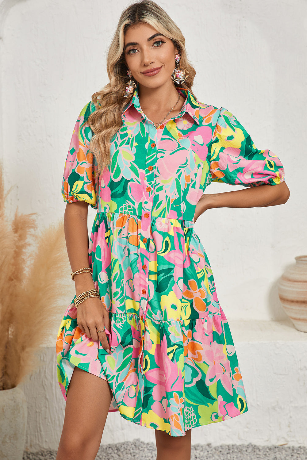 Pink Floral Puff Sleeve Collar Buttoned Babydoll Dress Green 119618283072a0fc