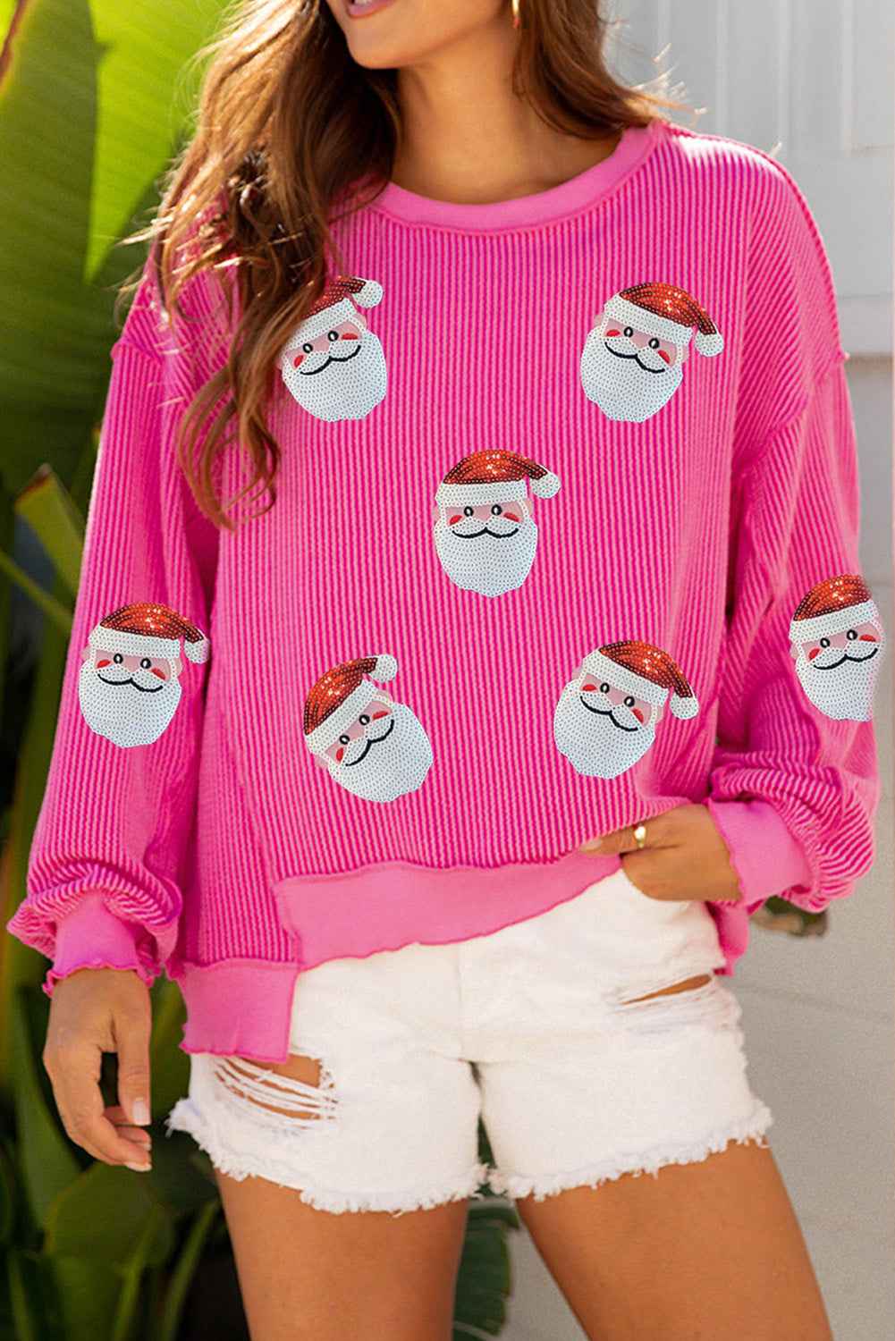 Strawberry Pink Twisted Ribbed Color Block Patchwork Sequin Father Christmas Graphic Top 1196764dc47211d5