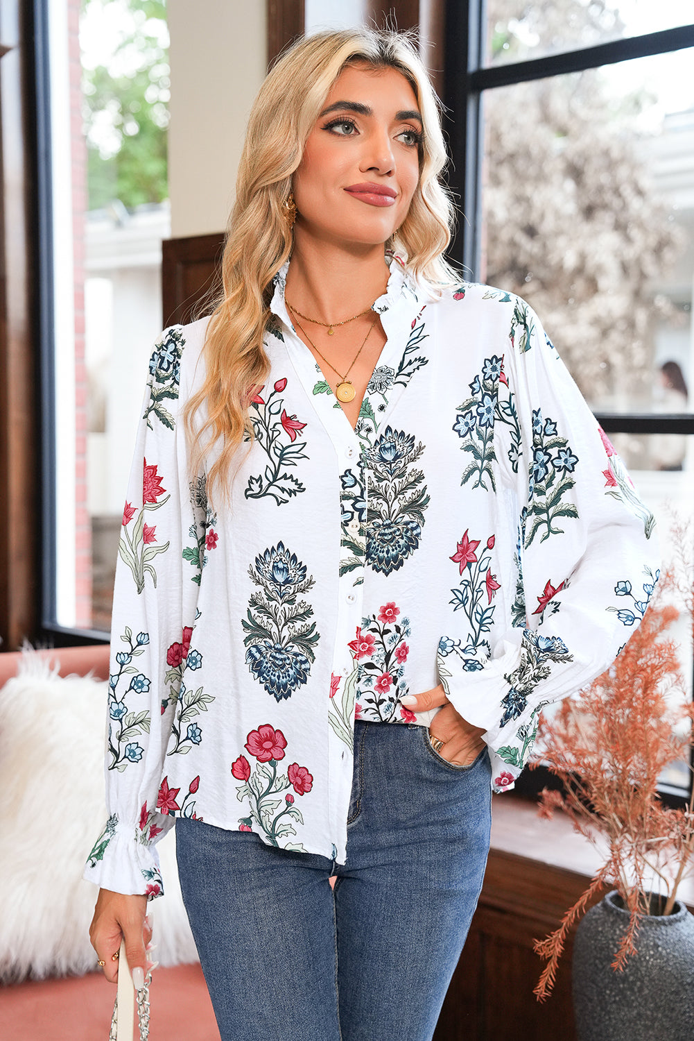 White Floral Print V Neck Loose Drop Sleeve Shirt 11972717724acc3f