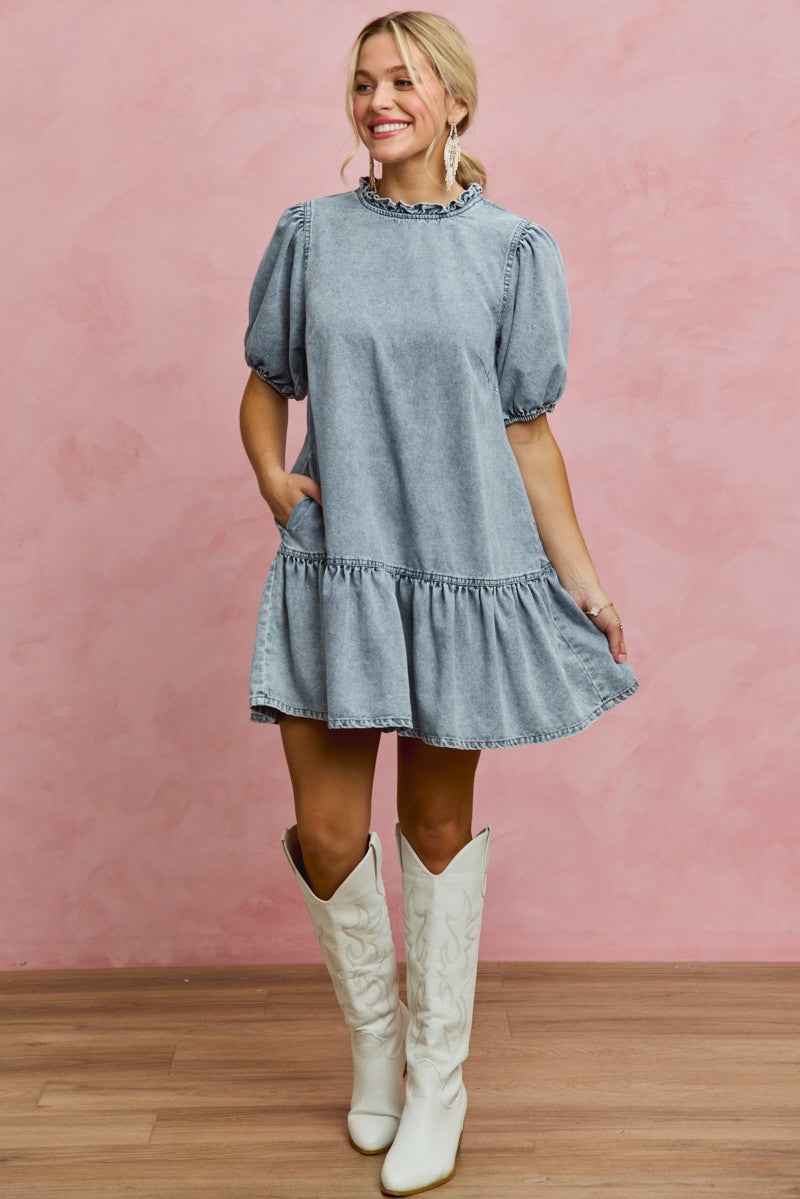 SO ME Denim Short Sleeves Mini Tiered Dress 11a0556ff7c2468caf5010df5e9737cc-Max