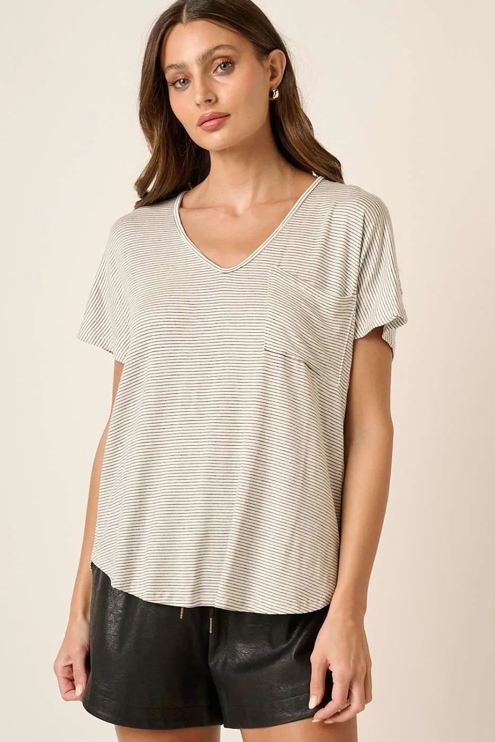 Mittoshop Striped V-Neck Short Sleeve T-Shirt Ivory black 11a961a7-bcce-48b1-92e2-1178607fc869-Max
