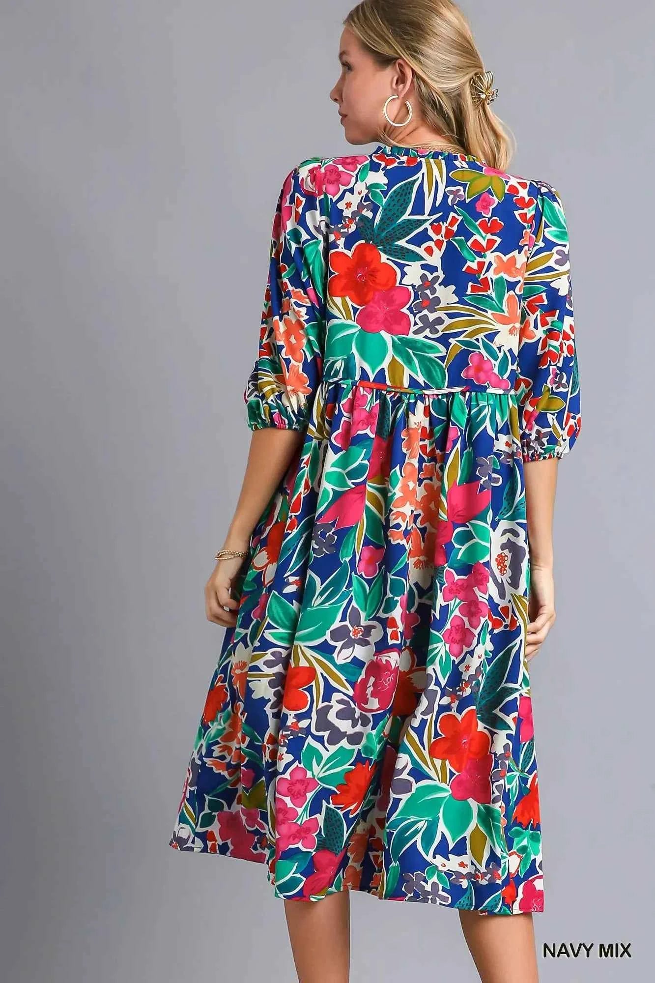 Umgee Floral Print Tie Neck Midi Dress with Pockets