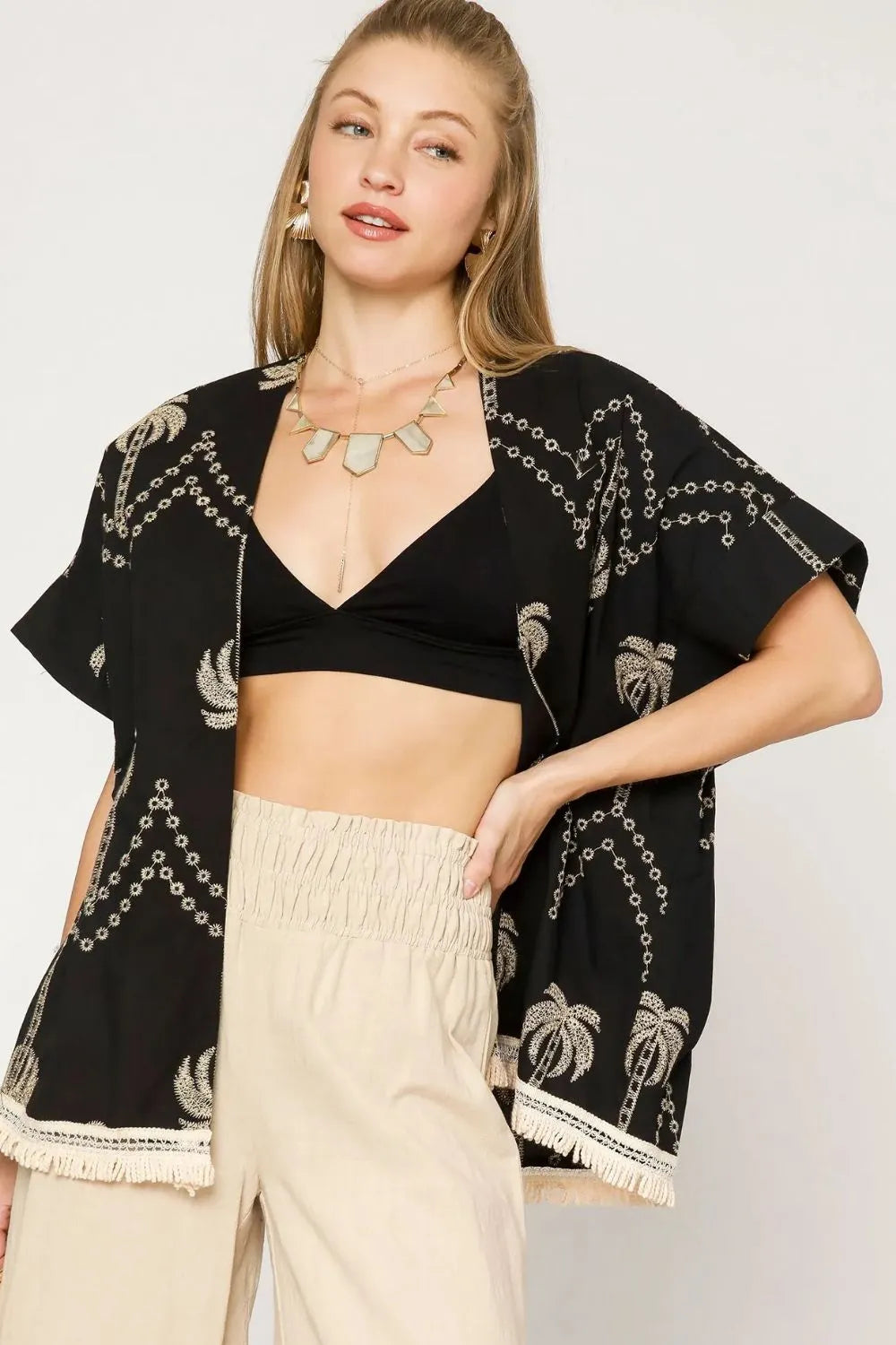 Umgee Open Front Embroidered Fringe Kimono Black 11afd927-7691-43e5-8e07-117797475e2d-Max-Origin