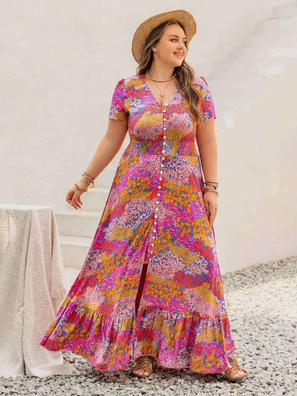 Plus Size Button Up Printed Short Sleeve Maxi Dress Fuchsia Pink 11b4a9c8-8bad-46a6-8235-a211789cf0af-Max