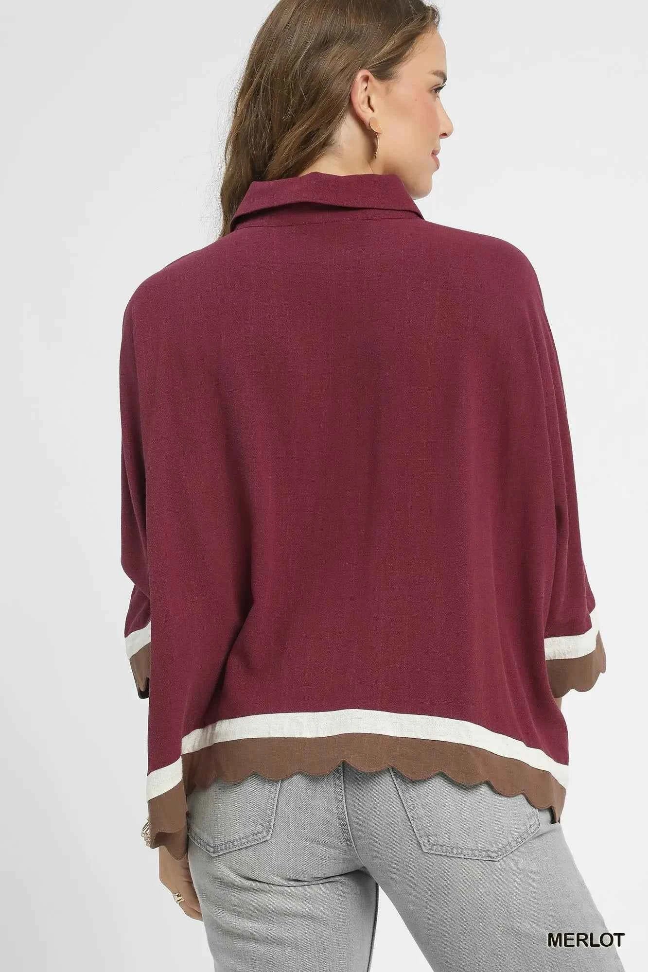 Umgee Colorblock Button-Down Shirt with Scallop Hem 11b6c58d-e4d6-4d6e-a6ea-203cd9a3354a-Max-Origin