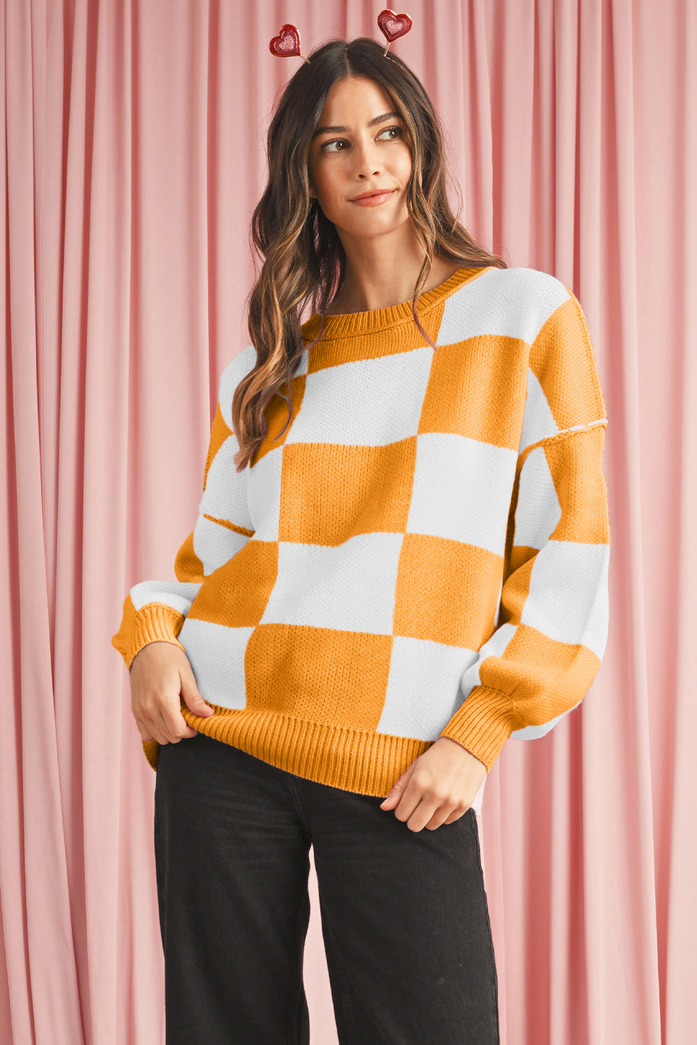 Orange & White Plaid Exposed Seam Bishop Sleeve Sweater 11ba0c35e9c6563e