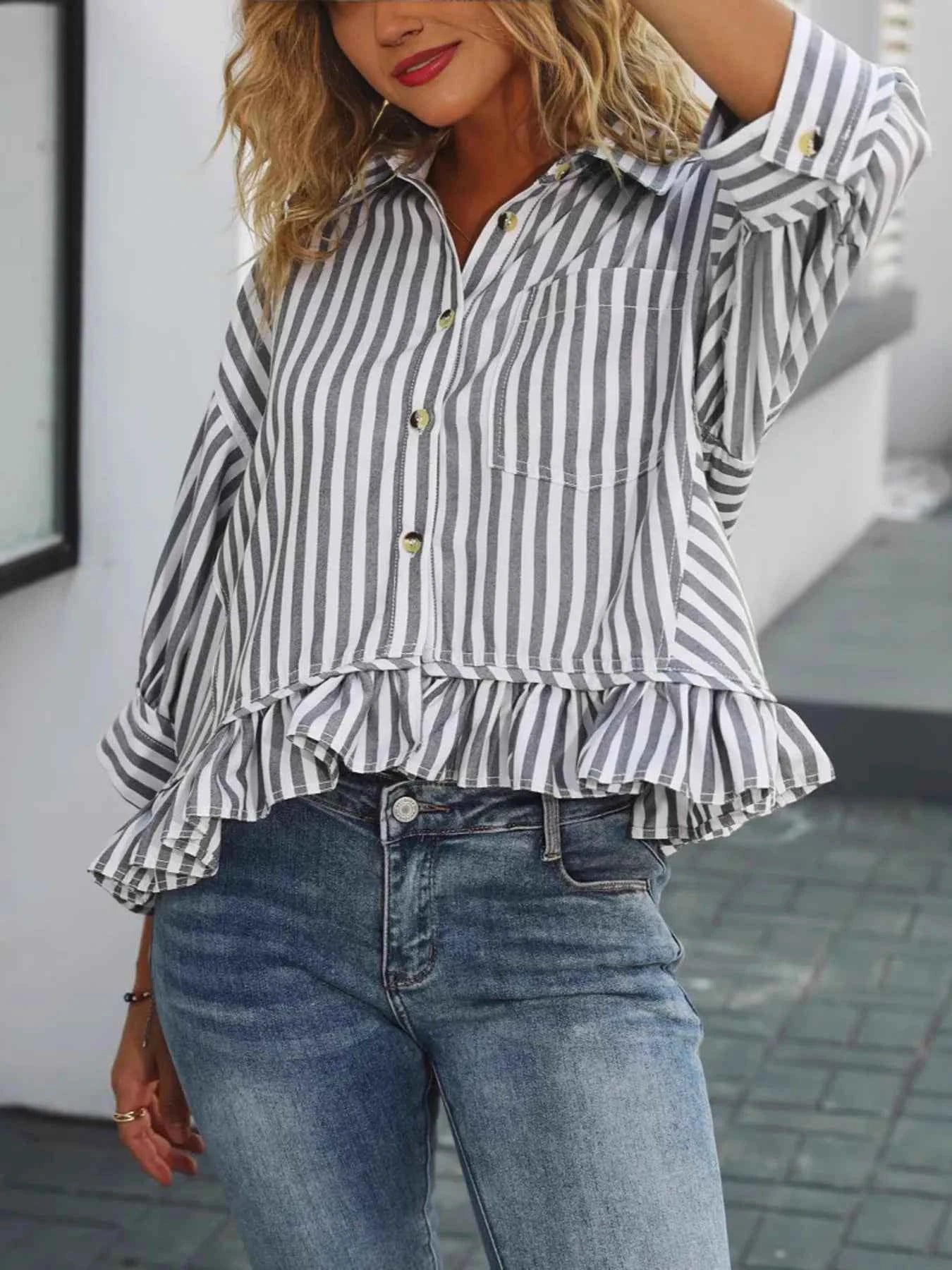 Striped Ruffle Hem Button-Up Shirt 11bb231d38474614b99cae095508d480-Max-Origin