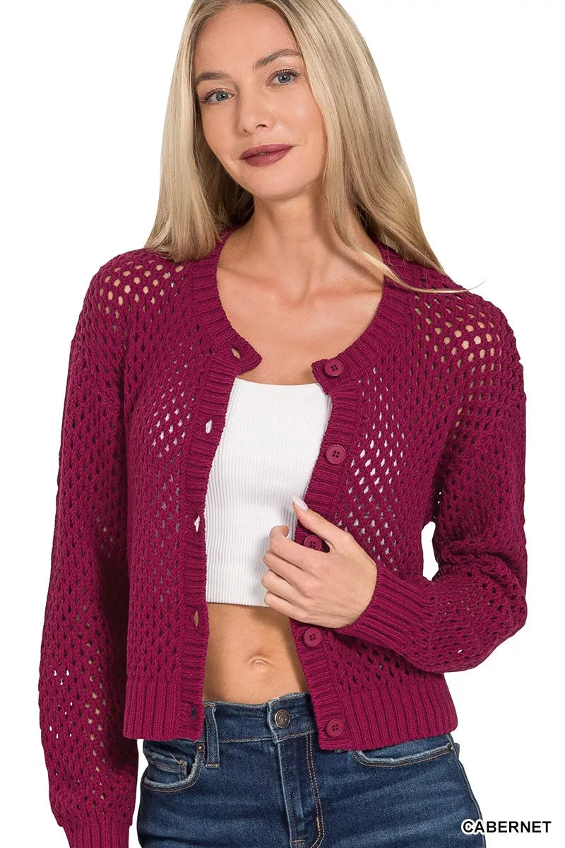 Zenana Button Down Lightweight Crochet Cardigan Sweater 11bc5921a9f849428f3be74a1596f2d8-Max-Origin