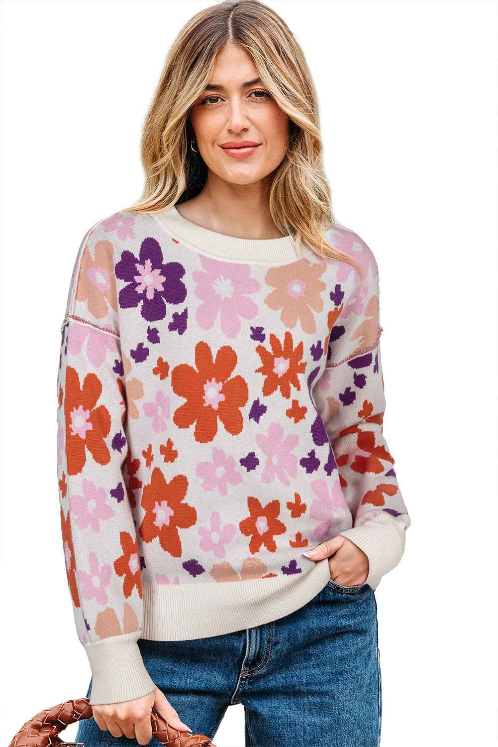 Khaki Vibrant Flower Round Neck Drop Sleeve Sweater 11be6b75c642e751