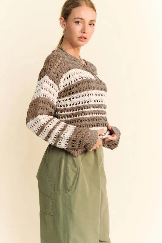 Contrast Striped Crochet Drop Shoulder Knit Cover Up 11c09bc0-acbf-4b1b-9b3a-2b288fc857db-Max