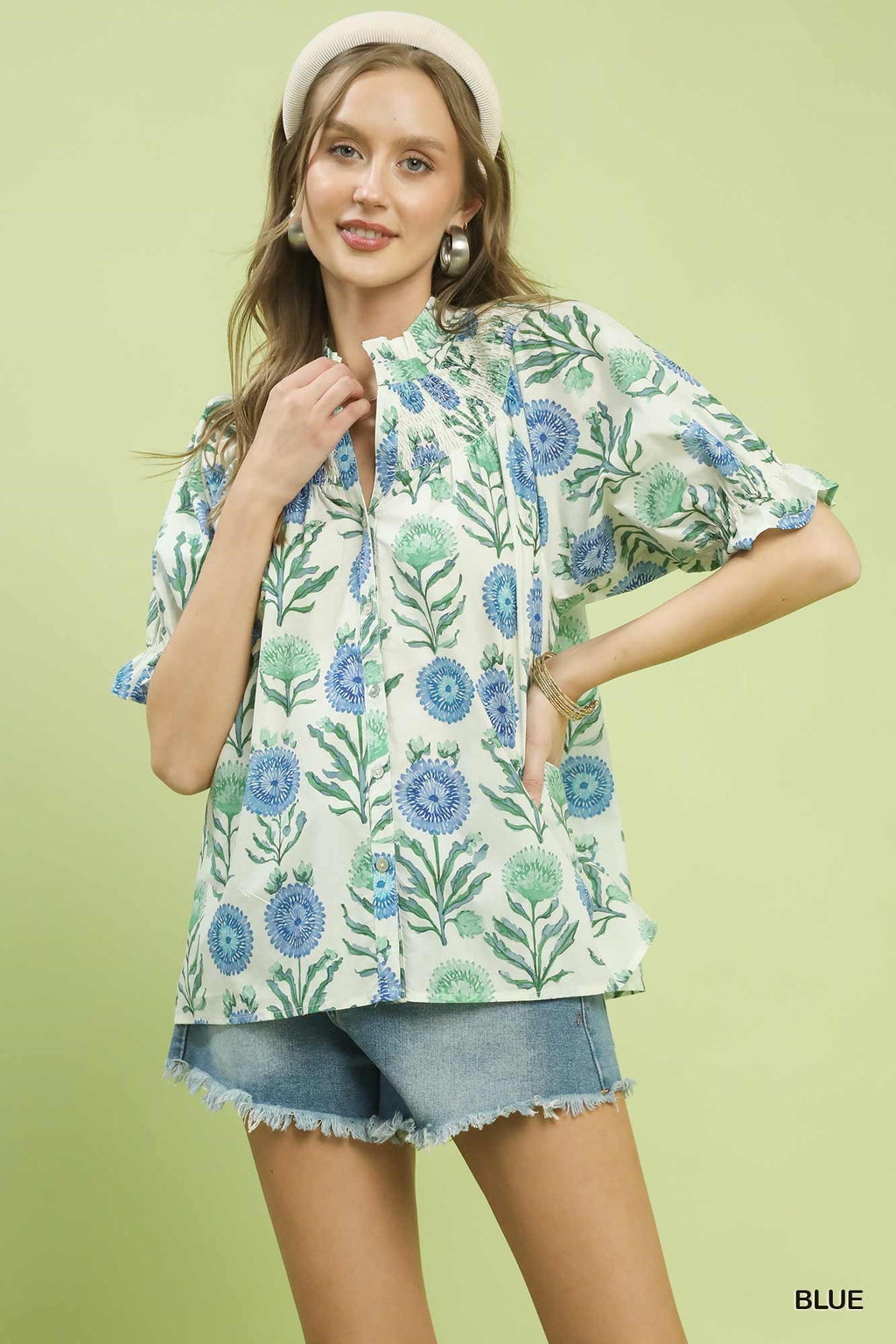 Umgee Floral Button-Front Short Sleeve Top BLUE 11c15dac-69f9-4292-bc49-48fd3f3860f5-Max