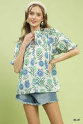 Umgee Floral Button-Front Short Sleeve Top BLUE 11c15dac-69f9-4292-bc49-48fd3f3860f5-Max