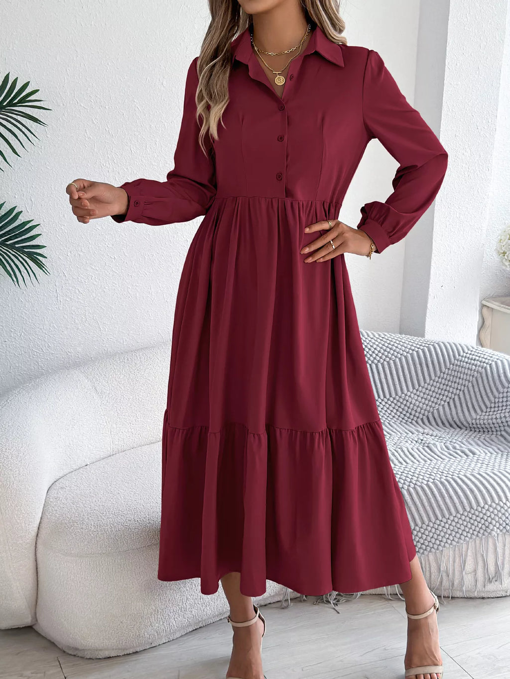Long Sleeve Tiered Button Front Midi Dress 11c516248f7c4391b49792759dd8e630-Max-Origin