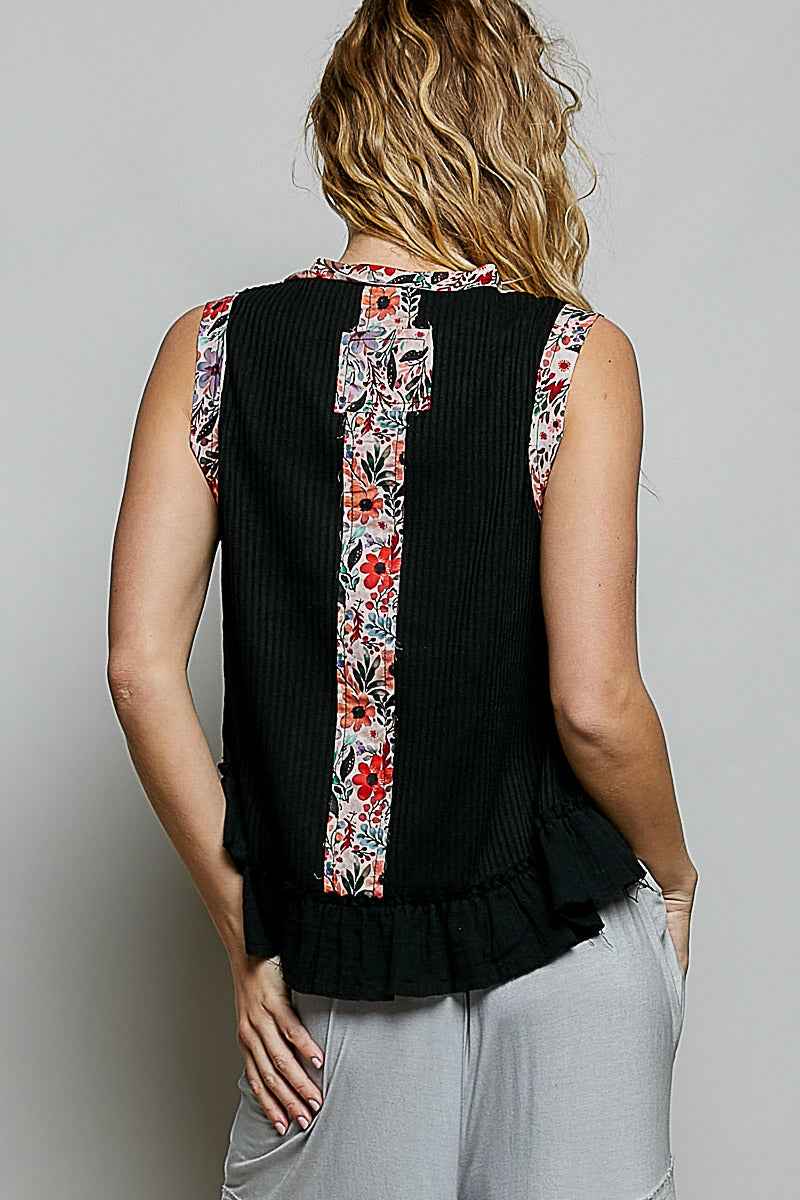 POL Floral Print Patche Round Neck Ribbed Tank with Double Gauze Ruffle Accents 11cacc35-7ff5-43d2-82a1-889db9908b6a-Max