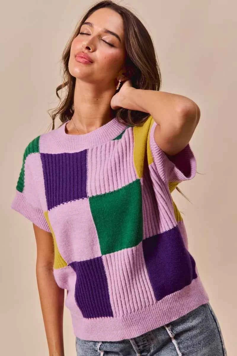 SO ME Mardi Gras Check Plaid Casual Sweater Top 11ce720daa6d446781df2dd9051a2a25-Max-Origin
