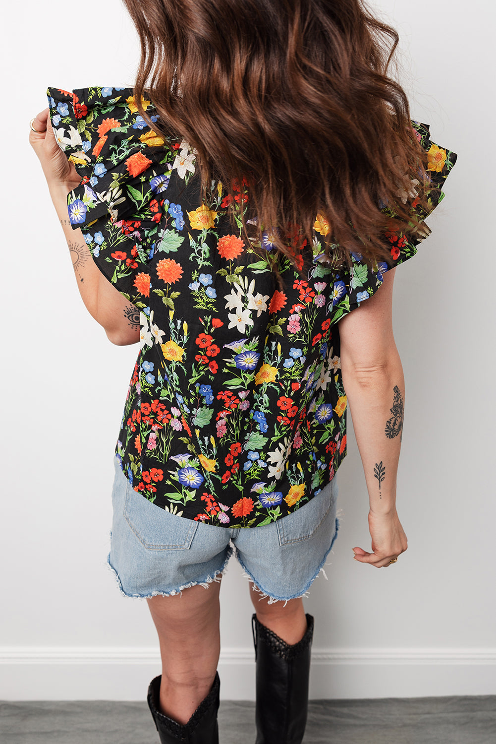 Black Tiered Flutter Sleeve V Neck Flower Blouse 11d145bca1a505a1